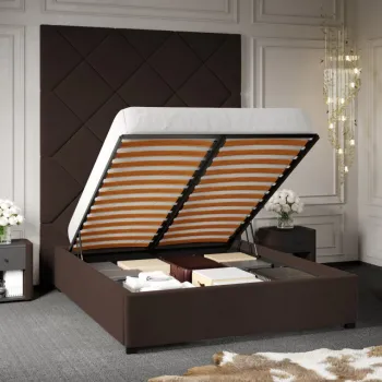 Pat Tapitat cu Panou Inalt C1 Dubai cu somiera rabatabila si lada de depozitare Maro - Velluto 6 140x200 imagine