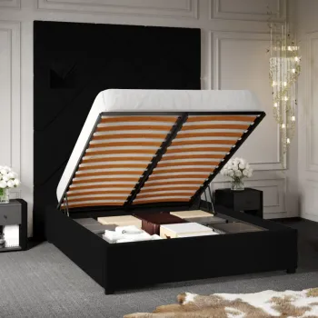 Pat Tapitat cu Panou Inalt C1 Dubai cu somiera rabatabila si lada de depozitare Negru - Velluto 20 140x200 imagine