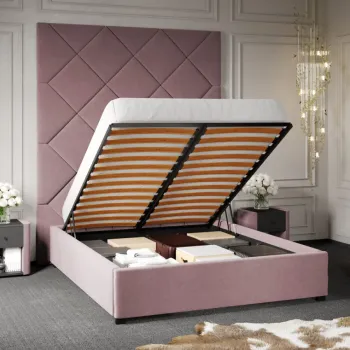 Pat Tapitat cu Panou Inalt C1 Dubai cu somiera rabatabila si lada de depozitare Roz - Velluto 14 180x200 imagine