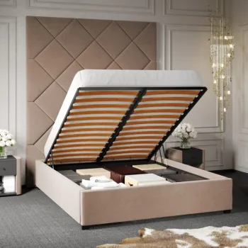 Pat Tapitat cu Panou Inalt C1 Dubai pentru saltea de 190 rabatabil cu lada Bej - Velluto 3 180x190 imagine