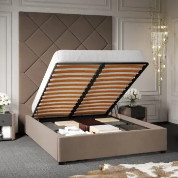 Pat Tapitat cu Panou Inalt C1 Dubai pentru saltea de 190 rabatabil cu lada Cappuccino - Velluto 29 180x190 imagine