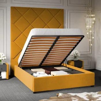 Pat Tapitat cu Panou Inalt C1 Dubai pentru saltea de 190 rabatabil cu lada Galben - Velluto 8 140x190 imagine
