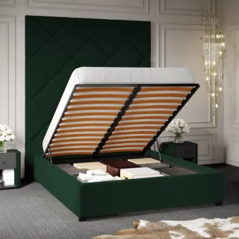 Pat Tapitat cu Panou Inalt C1 Dubai pentru saltea de 190 rabatabil cu lada Verde Inchis - Velluto 27 180x190 imagine