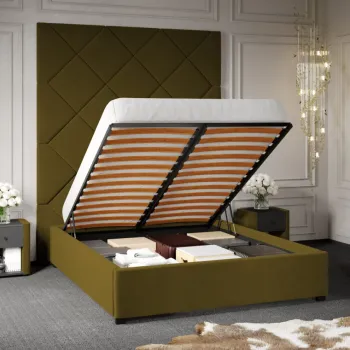 Pat Tapitat cu Panou Inalt C1 Dubai pentru saltea de 190 rabatabil cu lada Verde - Velluto 35 140x190 imagine