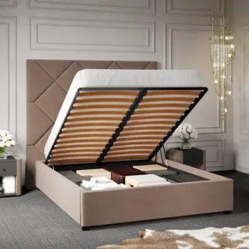 Pat Tapitat cu Panou Inalt C2 Dubai cu somiera rabatabila si lada de depozitare Bej - Velluto 3 160x200 imagine