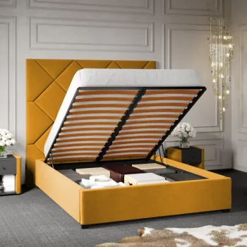 Pat Tapitat cu Panou Inalt C2 Dubai cu somiera rabatabila si lada de depozitare Galben - Velluto 8 140x200 imagine