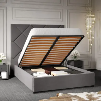 Pat Tapitat cu Panou Inalt C2 Dubai cu somiera rabatabila si lada de depozitare Gri - Velluto 16 140x200 imagine