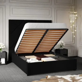 Pat Tapitat cu Panou Inalt C2 Dubai cu somiera rabatabila si lada de depozitare Negru - Velluto 20 140x200 imagine