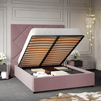 Pat Tapitat cu Panou Inalt C2 Dubai cu somiera rabatabila si lada de depozitare Roz - Velluto 14 160x200 imagine