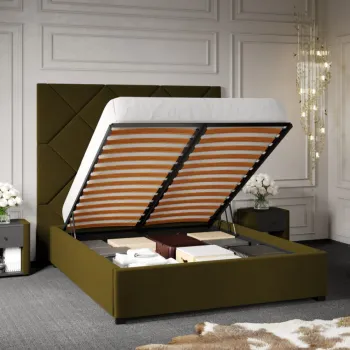 Pat Tapitat cu Panou Inalt C2 Dubai cu somiera rabatabila si lada de depozitare Verde - Velluto 35 180x200 imagine