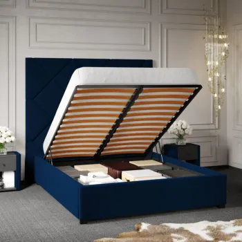 Pat Tapitat cu Panou Inalt C2 Dubai pentru saltea de 190 rabatabil cu lada Albastru - Velluto 25 140x190 imagine