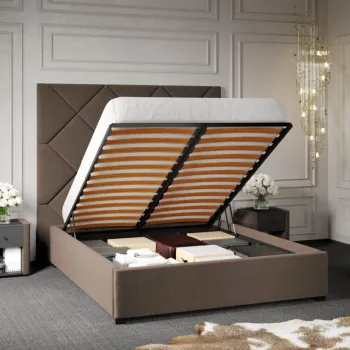 Pat Tapitat cu Panou Inalt C2 Dubai pentru saltea de 190 rabatabil cu lada Cappuccino - Velluto 29 160x190 imagine