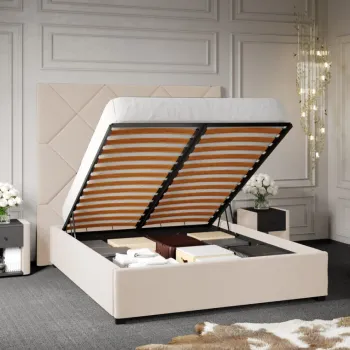 Pat Tapitat cu Panou Inalt C2 Dubai pentru saltea de 190 rabatabil cu lada Crem - Velluto 2 180x190 imagine