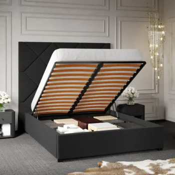 Pat Tapitat cu Panou Inalt C2 Dubai pentru saltea de 190 rabatabil cu lada Gri Inchis - Velluto 19 180x190 imagine