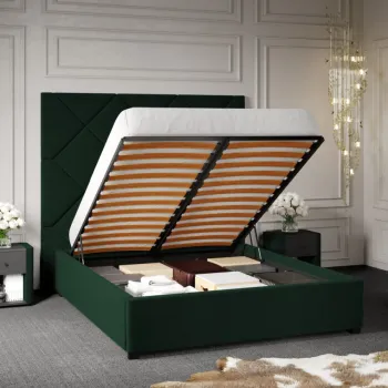 Pat Tapitat cu Panou Inalt C2 Dubai pentru saltea de 190 rabatabil cu lada Verde Inchis - Velluto 27 180x190 imagine