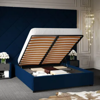 Pat Tapitat cu Panou Inalt C3 Dubai cu somiera rabatabila si lada de depozitare Albastru - Velluto 25 180x200 imagine