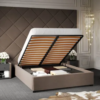 Pat Tapitat cu Panou Inalt C3 Dubai cu somiera rabatabila si lada de depozitare Cappuccino - Velluto 29 140x200 imagine