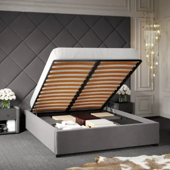 Pat Tapitat cu Panou Inalt C3 Dubai cu somiera rabatabila si lada de depozitare Gri - Velluto 16 160x200 imagine