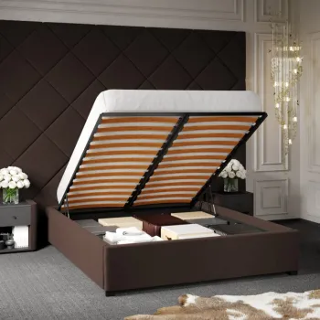 Pat Tapitat cu Panou Inalt C3 Dubai cu somiera rabatabila si lada de depozitare Maro - Velluto 6 180x200 imagine