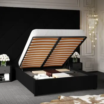 Pat Tapitat cu Panou Inalt C3 Dubai cu somiera rabatabila si lada de depozitare Negru - Velluto 20 160x200 imagine