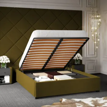 Pat Tapitat cu Panou Inalt C3 Dubai cu somiera rabatabila si lada de depozitare Verde - Velluto 35 140x200 imagine