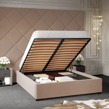 Pat Tapitat cu Panou Inalt C3 Dubai pentru saltea de 190 rabatabil cu lada Bej - Velluto 3 160x190 imagine