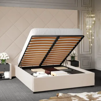 Pat Tapitat cu Panou Inalt C3 Dubai pentru saltea de 190 rabatabil cu lada Crem - Velluto 2 180x190 imagine