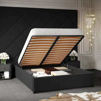 Pat Tapitat cu Panou Inalt C3 Dubai pentru saltea de 190 rabatabil cu lada Gri Inchis - Velluto 19 140x190 imagine