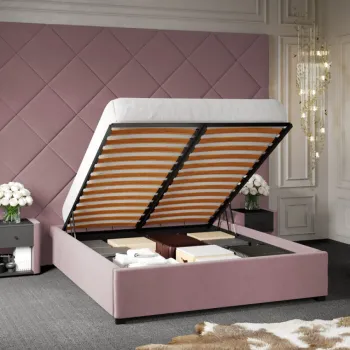 Pat Tapitat cu Panou Inalt C3 Dubai pentru saltea de 190 rabatabil cu lada Roz - Velluto 14 140x190 imagine