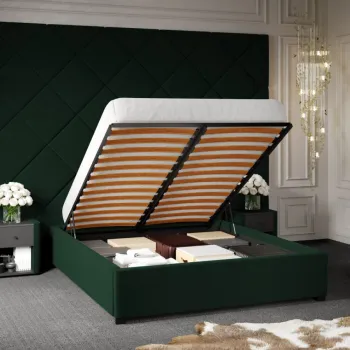 Pat Tapitat cu Panou Inalt C3 Dubai pentru saltea de 190 rabatabil cu lada Verde Inchis - Velluto 27 180x190 imagine