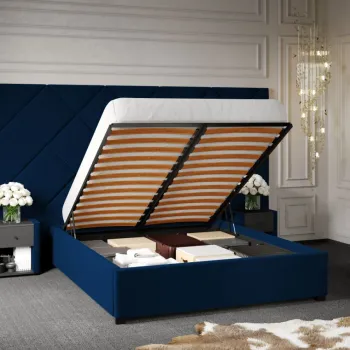 Pat Tapitat cu Panou Inalt C4 Dubai cu somiera rabatabila si lada de depozitare Albastru - Velluto 25 180x200 imagine