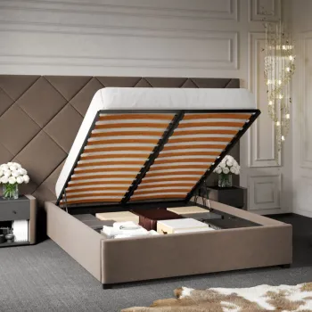 Pat Tapitat cu Panou Inalt C4 Dubai cu somiera rabatabila si lada de depozitare Cappuccino - Velluto 29 160x200 imagine