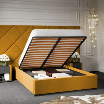 Pat Tapitat cu Panou Inalt C4 Dubai cu somiera rabatabila si lada de depozitare Galben - Velluto 8 180x200 imagine