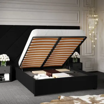 Pat Tapitat cu Panou Inalt C4 Dubai cu somiera rabatabila si lada de depozitare Negru - Velluto 20 140x200 imagine