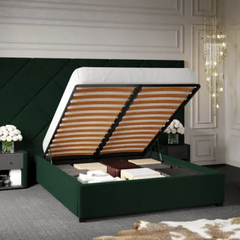 Pat Tapitat cu Panou Inalt C4 Dubai cu somiera rabatabila si lada de depozitare Verde Inchis - Velluto 27 180x200 imagine