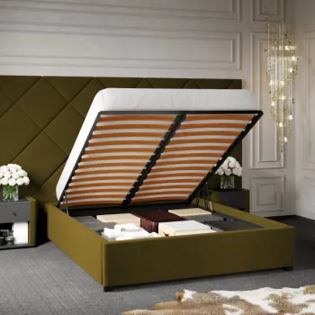 Pat Tapitat cu Panou Inalt C4 Dubai cu somiera rabatabila si lada de depozitare Verde - Velluto 35 180x200 imagine