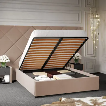 Pat Tapitat cu Panou Inalt C4 Dubai pentru saltea de 190 rabatabil cu lada Bej - Velluto 3 160x190 imagine