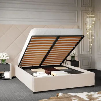 Pat Tapitat cu Panou Inalt C4 Dubai pentru saltea de 190 rabatabil cu lada Crem - Velluto 2 140x190 imagine