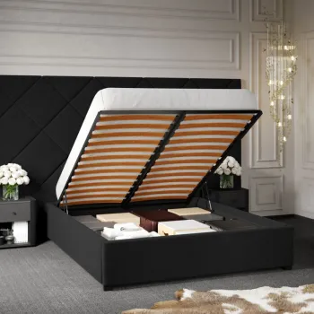 Pat Tapitat cu Panou Inalt C4 Dubai pentru saltea de 190 rabatabil cu lada Gri Inchis - Velluto 19 160x190 imagine