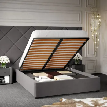 Pat Tapitat cu Panou Inalt C4 Dubai pentru saltea de 190 rabatabil cu lada Gri - Velluto 16 140x190 imagine