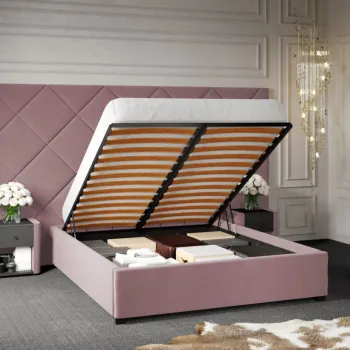 Pat Tapitat cu Panou Inalt C4 Dubai pentru saltea de 190 rabatabil cu lada Roz - Velluto 14 140x190 imagine