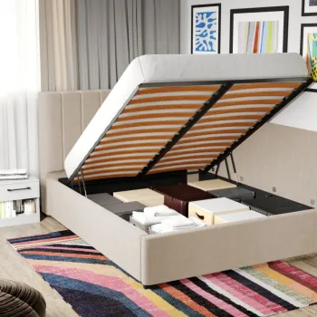 Pat Tapitat de colt Adam cu somiera rabatabila si lada de depozitare Bej - Falcone 102 180x200 imagine