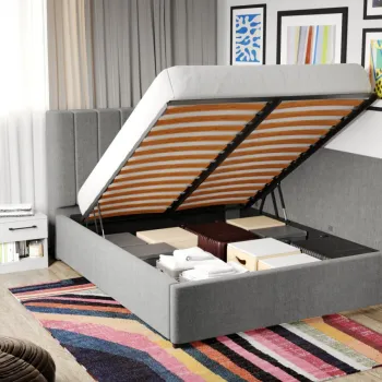 Pat Tapitat de colt Adam cu somiera rabatabila si lada de depozitare Gri - Falcone 21 160x200 imagine