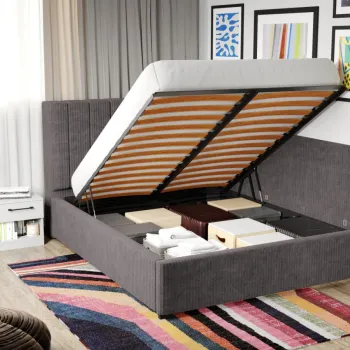 Pat Tapitat de colt Adam cu somiera rabatabila si lada de depozitare Gri - Poso 22 160x200 imagine