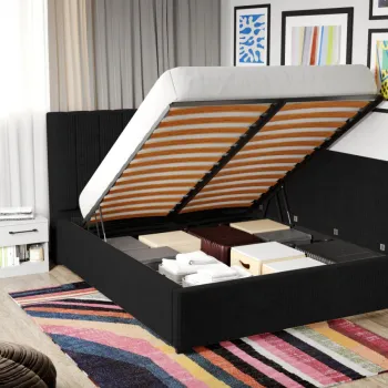 Pat Tapitat de colt Adam cu somiera rabatabila si lada de depozitare Negru - Poso 135 140x200 imagine