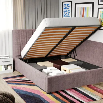 Pat Tapitat de colt Adam cu somiera rabatabila si lada de depozitare Roz - Poso 27 140x200 imagine