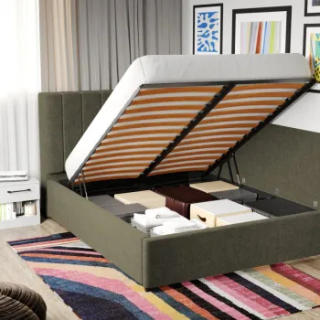 Pat Tapitat de colt Adam cu somiera rabatabila si lada de depozitare Verde inchis - Eden 12 140x200 imagine