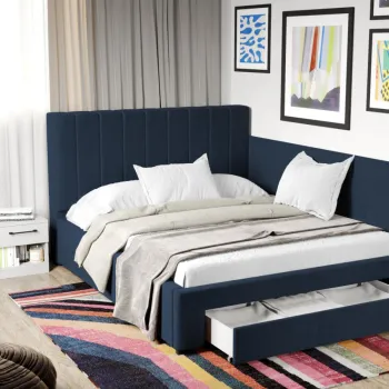 Pat Tapitat de colt Adam cu somiera si sertar Albastru - Falcone 80 imagine