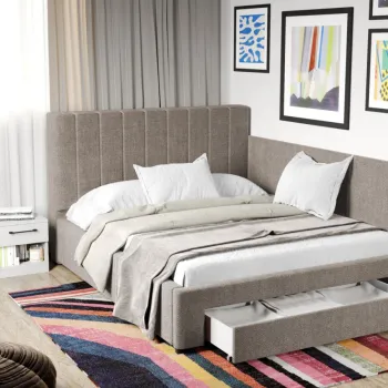 Pat Tapitat de colt Adam cu somiera si sertar Bej - Eden 4 imagine