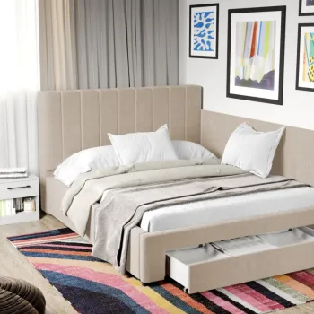 Pat Tapitat de colt Adam cu somiera si sertar Bej - Falcone 102 imagine